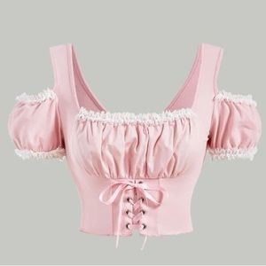 L NEW SHEIN MOD Women's Lace Up Front Ruched Bust Cropped TankTop Pink Sexy Lace